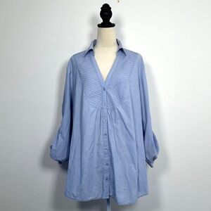 Spence Blue 100% Cotton Tunic Blouse L Longline Button Front Casual Top